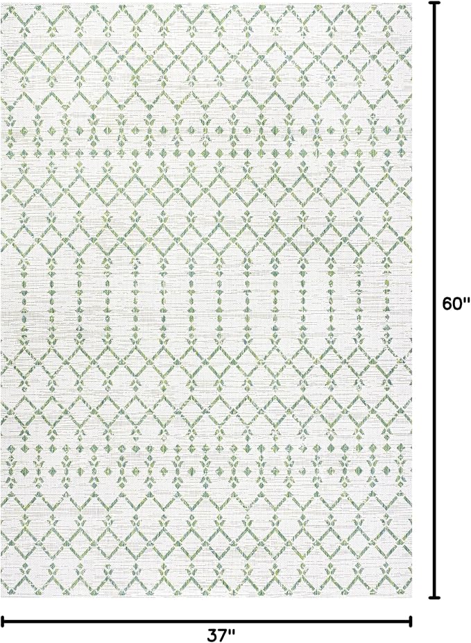 JONATHAN Y Moroccan Geometric Indoor Outdoor Area Rug 3X5 Green/Ivory, Ourika Textured Weave for Backyard, Patio, Porch, Easy-Cleaning, High Traffic, Pet-Friendly, Non-Shedding (SMB108R-3)