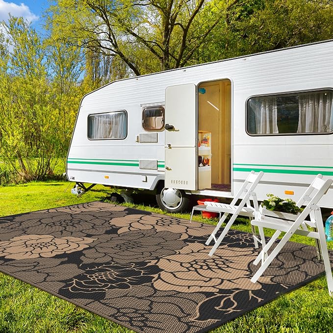 GENIMO Outdoor Rug, Waterproof Plastic Rugs for Patio, 5'x8' Raven Brown | Outside Larger Leaf Carpet Mat for Porch Decor, Deck, Balcony, Camping, RV, Backyard, Picnic, Beach, Reversible, Foldable