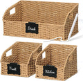 Pantry Organizers, Handwoven Large Wicker Baskets for Shelves & Kitchen, Labeled Storage Baskets for Organizing with Handles - Paper Storage Bins for Shelves, 3 Pack, Natural
