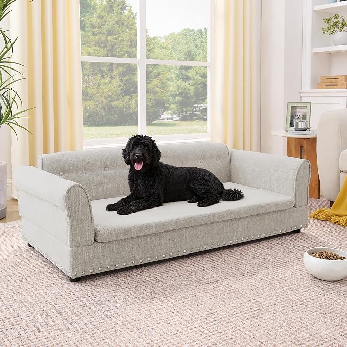 55" Dog Sofa for Medium to Large Dogs, Button Tufted Dog Couch Bed with Backrest and Armrests, Durable Memory Foam Pet Bed, Removable Cushion for Medium and Large Dogs,Beige