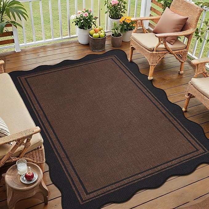 Easy Jute 3x5 Outdoor Rug Washable Non Slip Rug for Entryway Indoor Outdoor Farmhouse Neutral Scalloped Carpet for Backyard Patio Proch Living Room