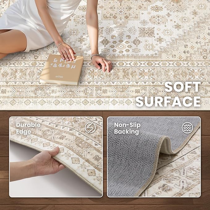 zesthome 8x12 Area Rugs,Stain Resistant Washable Rug,Ultra-Thin Rugs for Living Room,Bedroom,Non-Slip Backing Home Decor Large Area Rug (Cream/Beige,8'x12')
