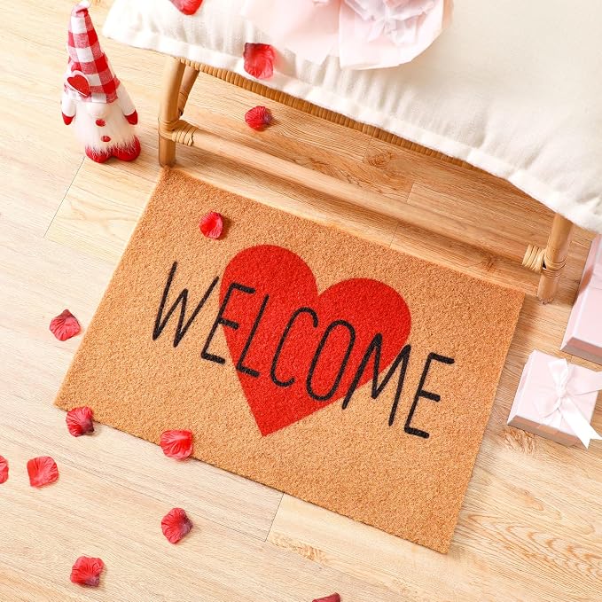 Ceenna Valentine's Day Doormat Outdoor Valentine's Heart Coir Doormat with Non-Slip Backing Red Heart Valentines Day Mat Front Porch Rug Outside Door Mat for Home Entrance Decor, 16 x 28 Inches