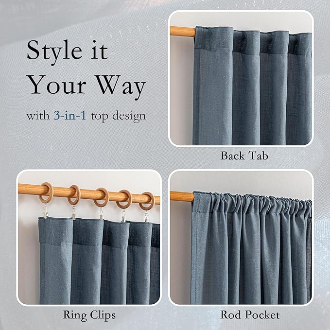 MYSKY HOME Curtains for Living Room 84 Inches Long Semi Sheer Light Filtering Privacy Drapes Linen Look Textured Boho Home Decor, Backdrop Curtain for Parties, 50" x 84", Dusty Blue, 2 Panels