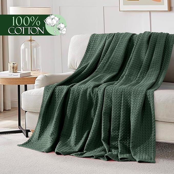 Elegant Comfort Premium 100% Cotton Waffle Blanket - Lightweight Breathable Waffle Weave Bed Blanket - Soft and Warm All Season Blanket for Couch, Sofa and Bed, TwinXL Size 68x90 Inches, Hunter Green