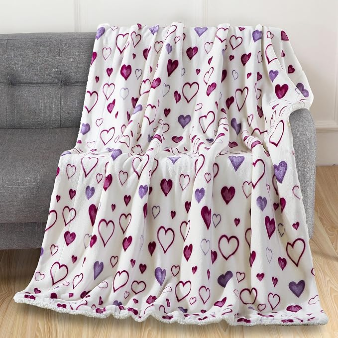 Elegant Comfort Luxury Valentine’s Day Sherpa Throw Blanket Ultra-Soft Cozy Velvet Pink Hearts Fleece Throw - Micromink Sherpa for Her, Wife, Girlfriend, Sherpa Reversible Blanket- Mia