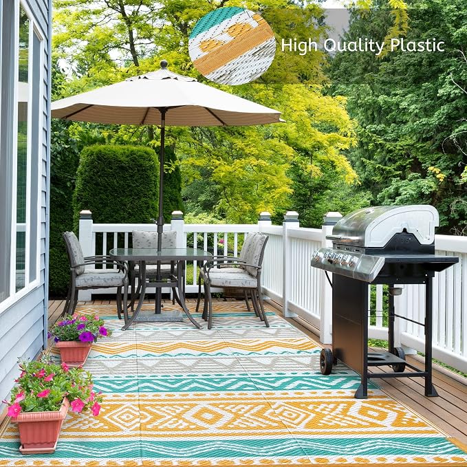 Lahome Outdoor Rug Waterproof, 5x8ft Reversible Outdoor Plastic Straw Rug for Camping Patio, RV Outdoor Rugs Outside, Outdoor Carpet for Porch Deck Backyard Balcony Picnic(Blue/Yellow,5'x 8')