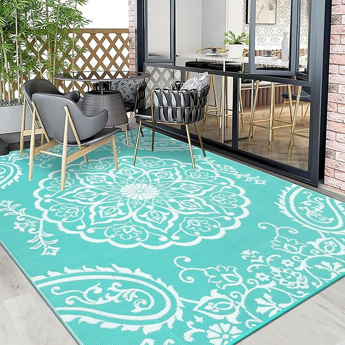 Pauwer Outdoor Rug 8x10, Waterproof Plastic Camping Rug, Boho Light Blue | Reversible Patio Rug, UV Resistant Indoor Outdoor RV Mat Carpet For Deck, Camper, Porch, Balcony, Backyard, Picnic, Foldable