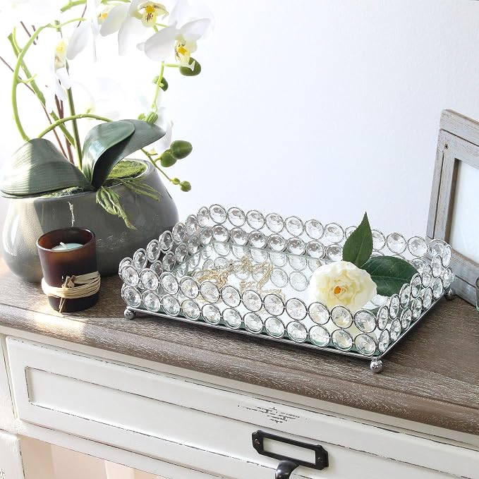 Elegant Designs HG1010-CHR Elipse Crystal Decorative Mirrored Jewelry or Makeup Cosmetic Perfume Vanity Organizer Tray, Chrome