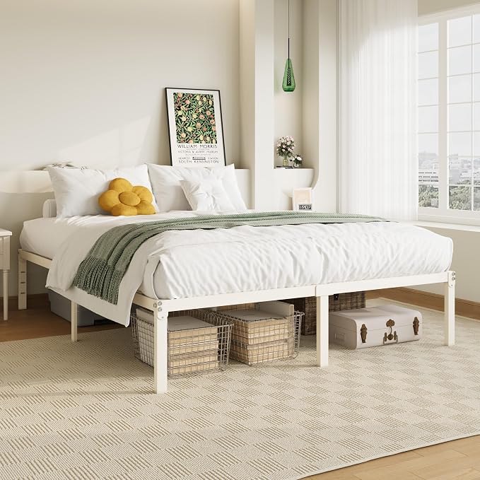 Allewie Full Size Bed Frame, 14 inch Metal Beds with Storage Space, Beige | Heavy-Duty Metal Platform Beds, Large Under-Bed Storage Space, No Box Spring Needed, Easy Assembly