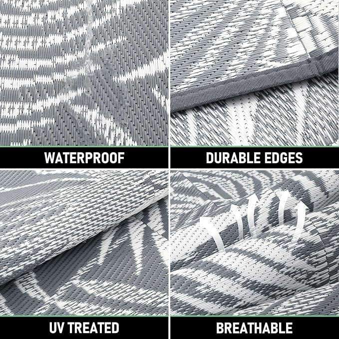 Outdoor Reversible Plastic Straw Rug, 9'x12', Cool Gray, Large Patio Mat for RV, Backyard, Deck, Picnic, Beach, Trailer, Camping