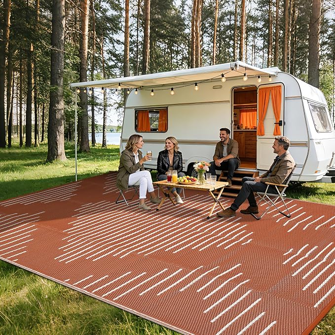 Garvee 10x14 Outdoor Area Rugs Waterproof Easy-Cleaning Plastic Reversible Rugs Indoor Outdoor RV Mat Carpet for Patio Backyard Porch RV Beach Picnic Terracotta White