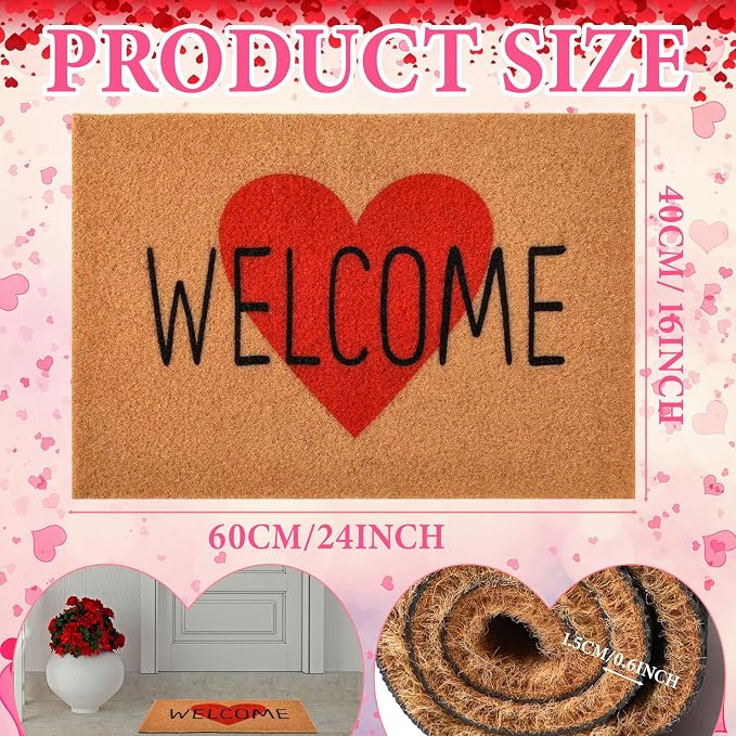 Ceenna Valentine's Day Doormat Outdoor Valentine's Heart Coir Doormat with Non-Slip Backing Red Heart Valentines Day Mat Front Porch Rug Outside Door Mat for Home Entrance Decor, 16 x 28 Inches