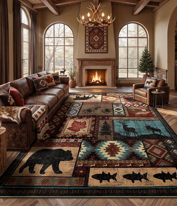 YIHOUSE Rustic Cabin Rugs for Living Room 9x12, Wildlife Bear & Deer Area Rug, Washable Southwestern Lodge Large Area Rug