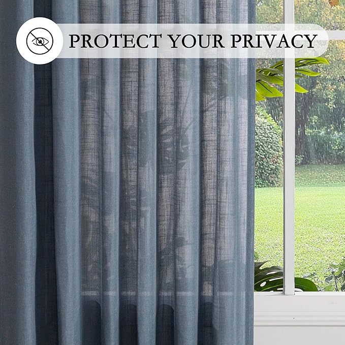 MYSKY HOME 95 Inch Semi Sheer Sliding Door Curtains Farmhouse Light Filtering Window Curtain Drapes for Patio Living Room, Linen Look Texture Fabric Bohemian Draperies, 50x95, Dusty Blue, 2 Panels