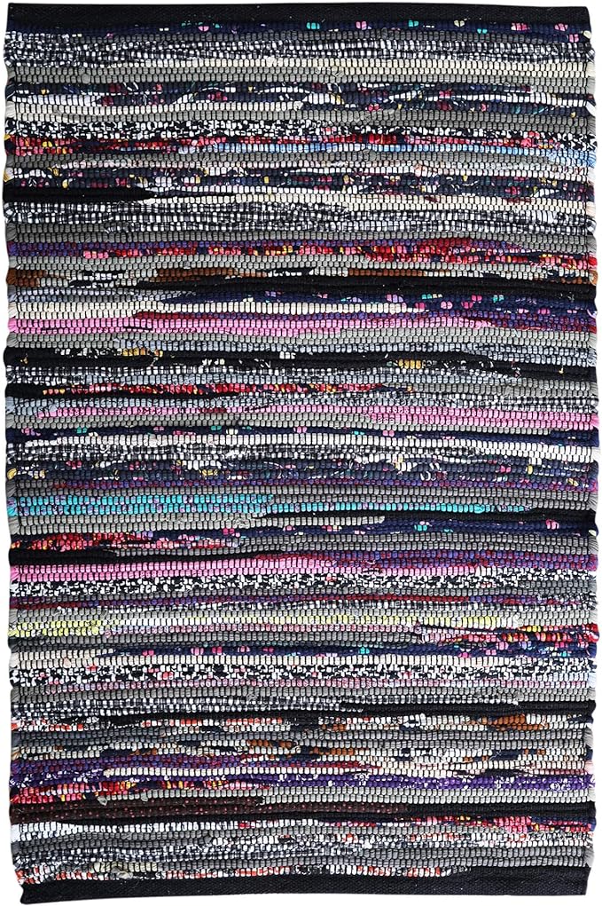 Ramanta Home 100% Cotton Chindi Hosiery Rug 24x36 Inch - Dark Multi, Farmhouse Reversible Soft Bohemeian Rugs Ideal for Entryways, Kitchen, Bedroom | Durable Lightweight Handmade Accent Doormat