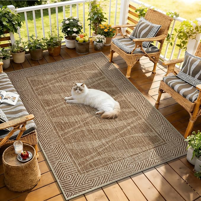 Jute Rug 3x5 Outdoor Patio Rug with Border, Washable Rugs for Entryway Porch, Farmhouse Non Slip Area Rugs with Rubber Backing, Non Shedding Carpet for Indoor Outdoor Bedroom, Courtyard, Light Brown