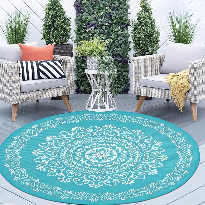 Pauwer Waterproof Outdoor Rug 6ft, Reversible Plastic Straw Patio Camping Rug, Indoor Outdoor RV Mat Carpet for Deck, Camper, Porch, Balcony, Backyard, Picnic, Floral Teal | Reversible Patio Rug, UV Resistant Indoor Outdoor RV Mat Carpet For Deck, Camp...