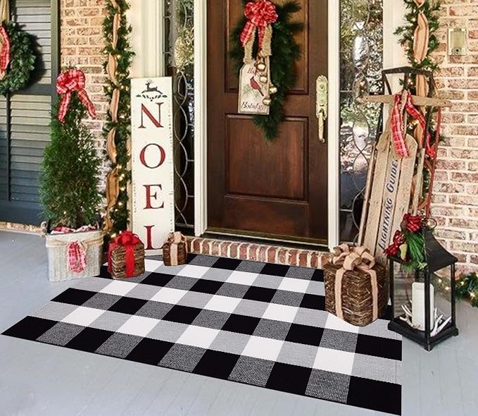 Black and White Layered Doormat 27.5''X 43.3''Checkered Outdoor Rug Cotton Woven Washable Door Mats Outdoor for Welcome Hello Door Mat Porch Entryway Bedroom Living Room