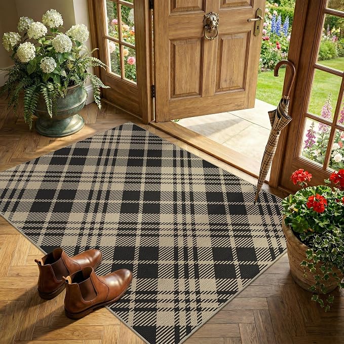 3x4 Entryway Door Mat Indoor – Washable Non Slip Small Rug for Front Door, Kitchen Sink, Mudroom, Garage Entry, Low Profile Easy Clean Farmhouse Plaid Floor Mat