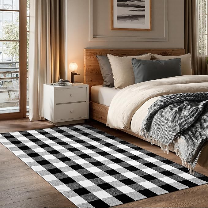 joybest Buffalo Plaid Rug 4 x 6 ft Black and White Checkered Area Rug Cotton Hand-Woven Indoor Outdoor Rugs Carpet for Patio, Living Room, Dining Room, Bedroom