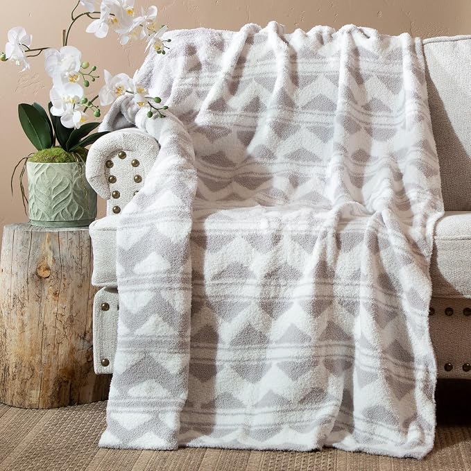 Carstens, Inc. Luxury Soft Stretchy Reversible Plush Throw Blanket, Large 50" x 60", Western Grey Stripe Aztec