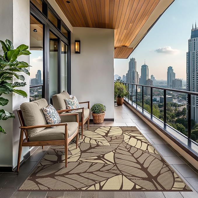 GENIMO Outdoor Rug, Waterproof Plastic Rugs for Patio, 6'x9' Coffee | Outside Larger Leaf Carpet Mat for Porch Decor, Deck, Balcony, Camping, RV, Backyard, Picnic, Beach, Reversible, Foldable