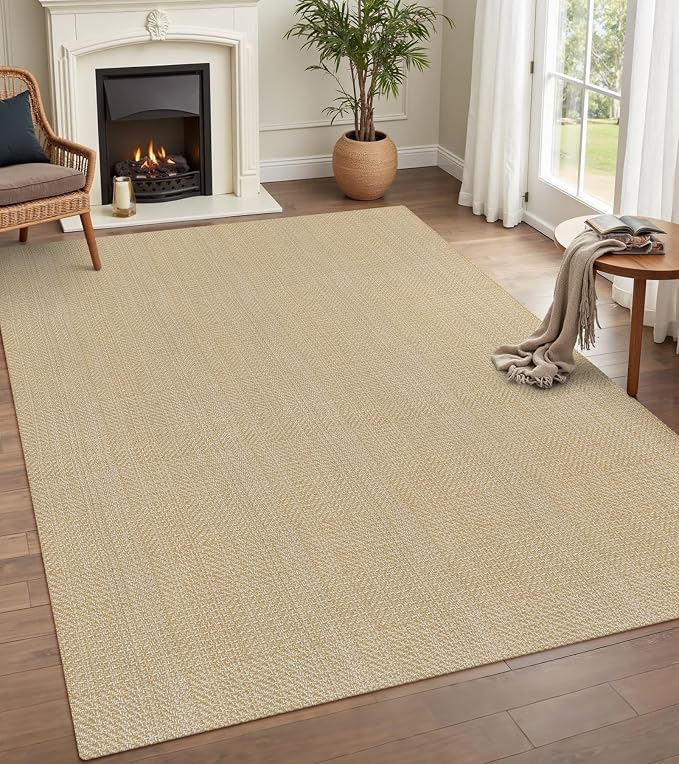 Rugalia Washable Woven 5x7 Area Rug, Natural Beige Cotton Living Room Rugs Low Plie Non-Slip Outdoor Patio Rug, Modern Farmhouse Neutral Floor Carpet for Dining Room Bedroom Balcony