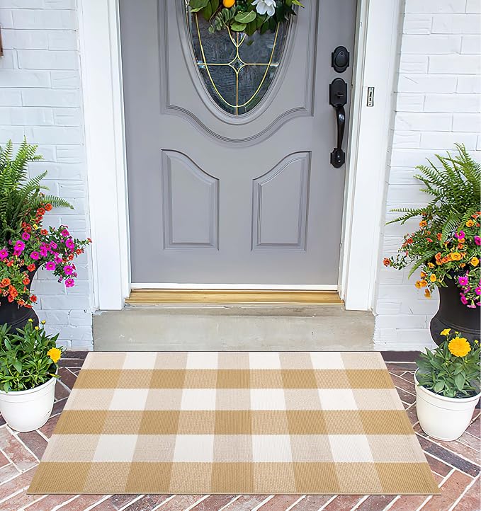 Front Door Mat Outdoor 24''x35''Khaki and White Washable Entryway Rugs Cotton Farmhouse Layered Doormat for Hello/Welcome Entryway,Porch,Bedroom,Bathroom