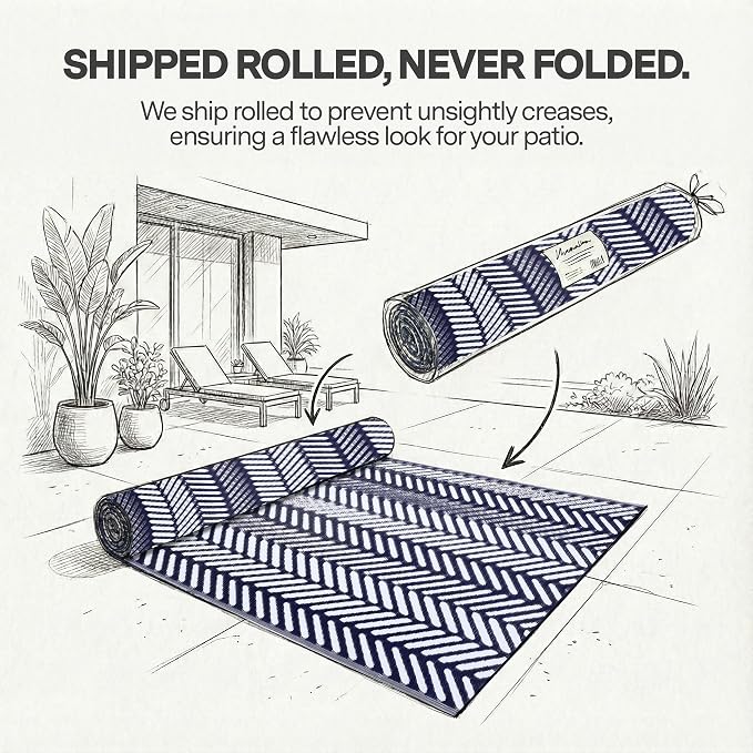 FH Home Outdoor Rug - Waterproof, Fade Resistant, Reversible - Premium Recycled Plastic - Herringbone - Patio, Deck, Porch, Balcony, Laundry Room - Fresno - Navy Crease Free - 4 x 6 ft
