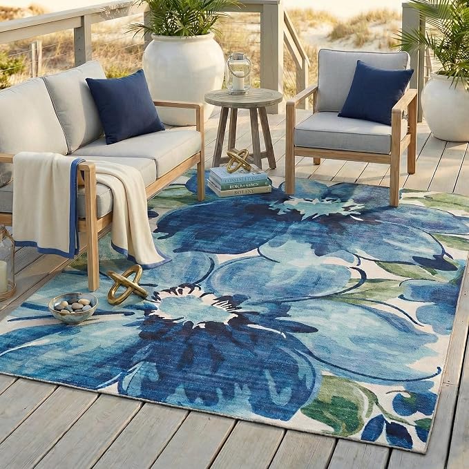 ReaLife Rugs Machine Washable Indoor Outdoor - Mat Rug Foldable Printed Thin Lightweight Cushioned Fade Resistant Patio Deck Dock Porch Pool Balcony Camping - Kai - Blue Green 4' x 6'