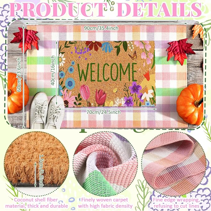Moucuny 2 Pcs Farmhouse Coir Doormat Outdoor Flower Welcome Outdoor Rug Front Porch Mats Layered Colorful Plaid Rugs for Front Door Porch Entryway Decor