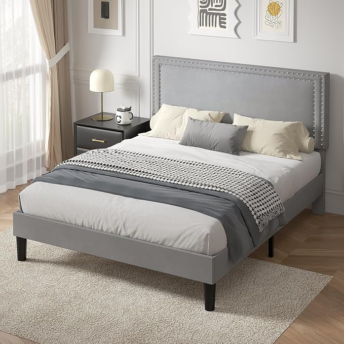 VECELO Queen Size Platform Bed Frame with Height Adjustable Upholstered Headboard, Modern Mattress Foundation,Strong Wood Slat Support, No Box Spring Needed, Easy Assembly,Light Grey