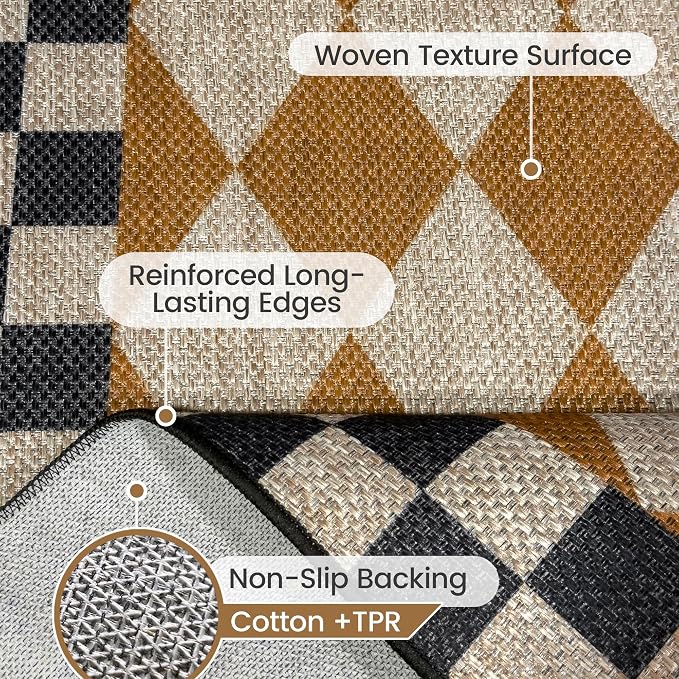 Washable Checkered Easy Jute Rug 5x7, Brown Black Checkerboard Geometric Modern Outdoor Indoor Patio Large Rug, Woven Thin Carpet Mat for Living Dining Play Room Bedroom Classroom Kids Nursery