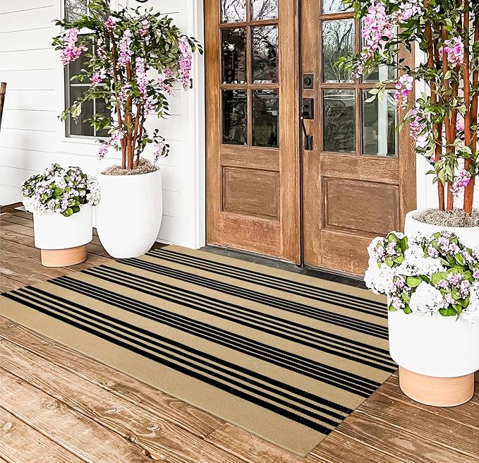 Black and Khaki Outdoor Rugs 3'x5', Washable Striped Porch Rugs Cotton Woven Indoor Outdoor Layered Door Mats Small Area Rug for Home Entrace Decor/Bedroom/Entryway