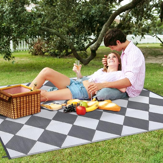 GarveeLife 9x18 Outdoor Rug for Patio Reversible, Plastic Straw Rug Waterproof Camping Rug Portable, Foldable Lightweight Mat for RV, Patio, Backyard, Deck, Picnic, Beach (Grey/White)