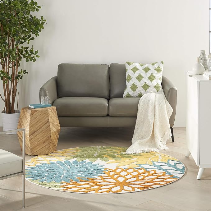 Nourison Home Aloha Turquoise Multicolor 4' x Round Area Rug - Easy Clean, Non Shedding, Bed Room, Living Room, Dining Room, Kitchen (4' x Round)