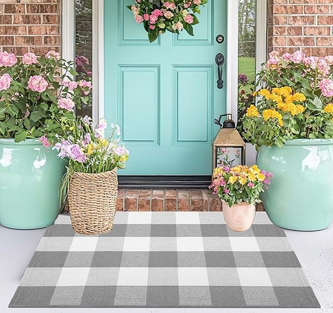 Door Mats Outdoor 24''X35'' Buffalo Plaid Front Porch Rug Cotton Woven Washable Outdoor Rug Small Area Rug for Welcome Door Mat Entryway Dining Room Bedroom Living Room
