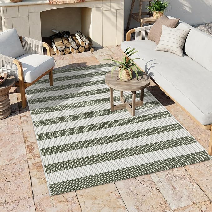 Green and White Striped Outdoor Rug 4x6 ft, Washable Cotton Woven Patio Rug, Reversible Foldable Front Porch Decor Indoor Outdoor Rugs for Farmhouse/Living Room