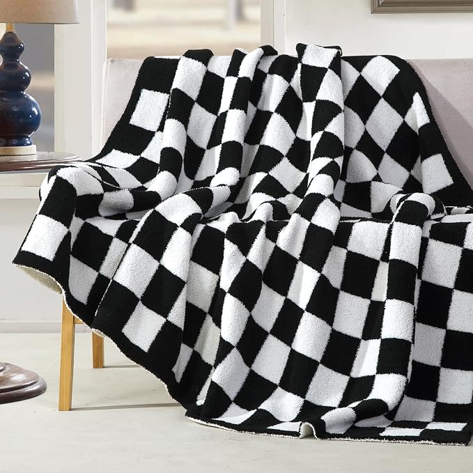 Elegant Comfort Checkered Throw Blanket, Black Super Soft Cozy Fluffy Warm Throw Blankets for Couch, Sofa, Chair, Bed, Camping, Picnic, Travel Lightweight Bed Blanket (50" x 70")