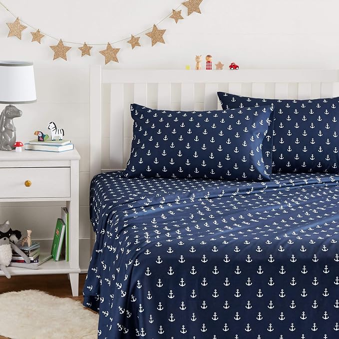 Amazon Basics Kid's Soft, Breathable, Easy-Wash Microfiber 4-Piece Sheet Set, Full, White Anchors