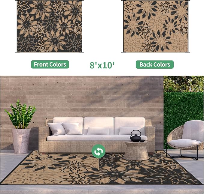 GENIMO Outdoor Rug, Waterproof Plastic Rugs for Patio, 8'x10' Onyx Brown | Outside Larger Leaf Carpet Mat for Porch Decor, Deck, Balcony, Camping, RV, Backyard, Picnic, Beach, Reversible, Foldable