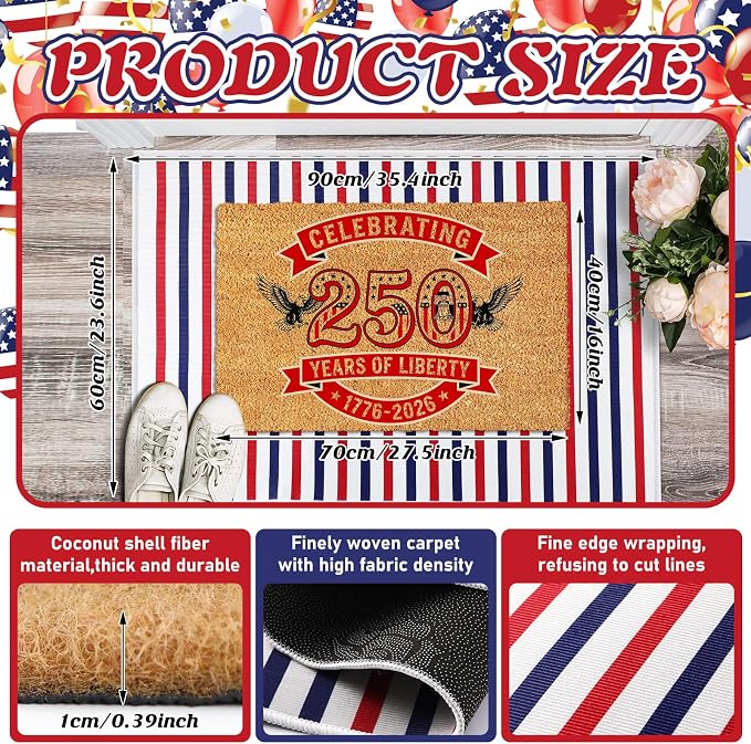 Moucuny 2 Pcs 4th of July Coir Door Mat Outdoor, Patriotic Non-Slip Decor