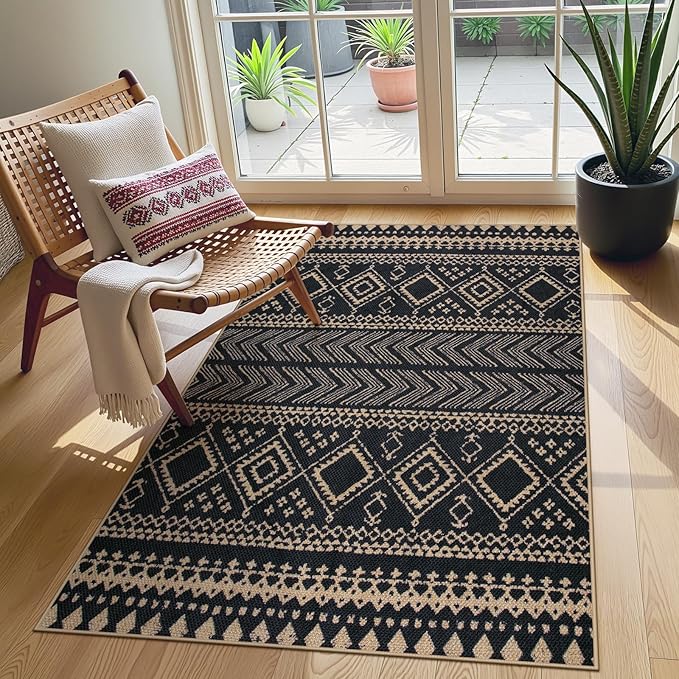 Lahome Boho Western Balcony Rug, Black 3x5 Washable Entryway Rug | Non-Slip Indoor Outdoor Carpet, Western Geometric Print Front Door Carpet for Patio Front Door