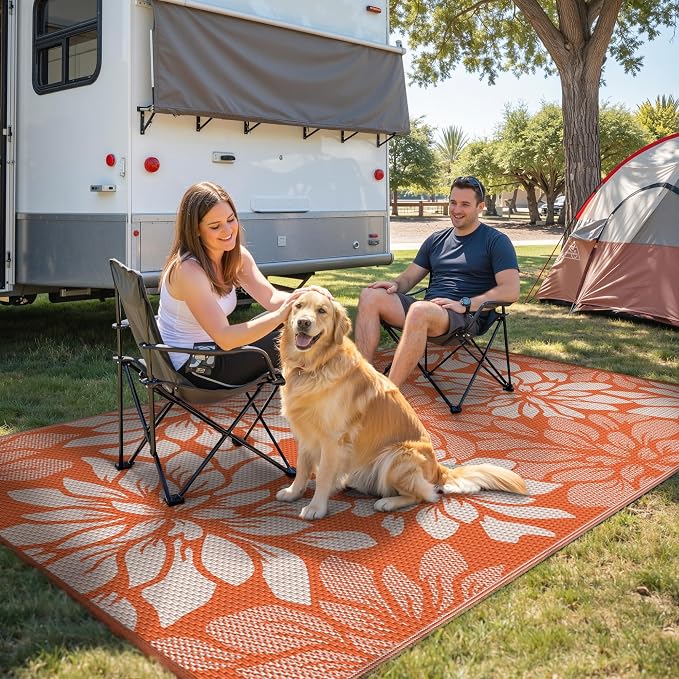 GENIMO Outdoor Rug, Waterproof Plastic Rugs for Patio, 6'x9' Orange Beige | Outside Larger Leaf Carpet Mat for Porch Decor, Deck, Balcony, Camping, RV, Backyard, Picnic, Beach, Reversible, Foldable