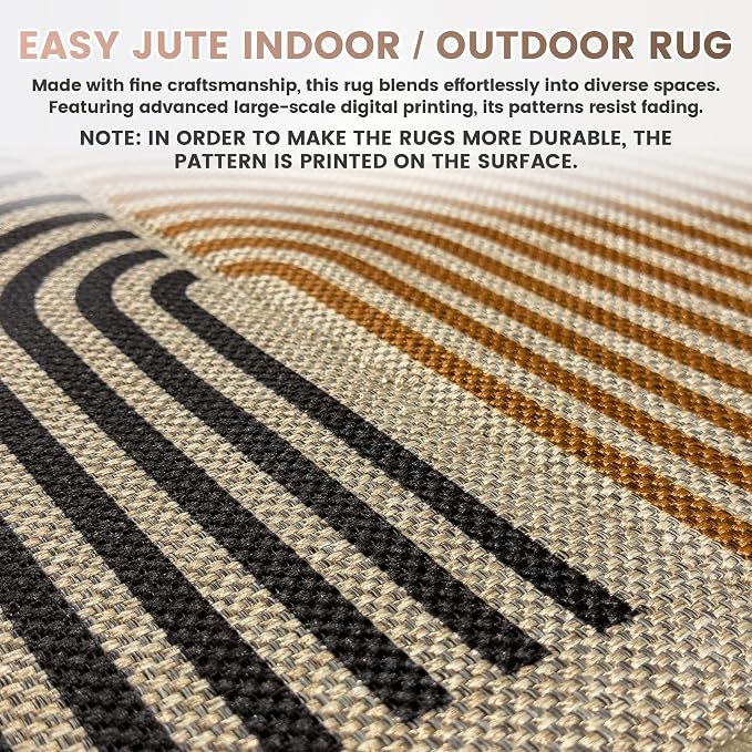 Washable Rainbow Easy Jute Runner Rug, 2x8 Outdoor Indoor Patio Modern Geometric Contemporary Area Rugs, Low Pile Lightweight Non Slip Neutral Long Runner Carpet for Hallway Kitchen 8ft Entryway Porch