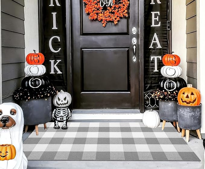 Grey and White Front Porch Rug 2'X4.3' Buffalo Plaid Outdoor Rug Cotton Woven Washable Indoor Outdoor Area Rug for Welcome Door Mat Entryway Dining Room Bedroom Living Room