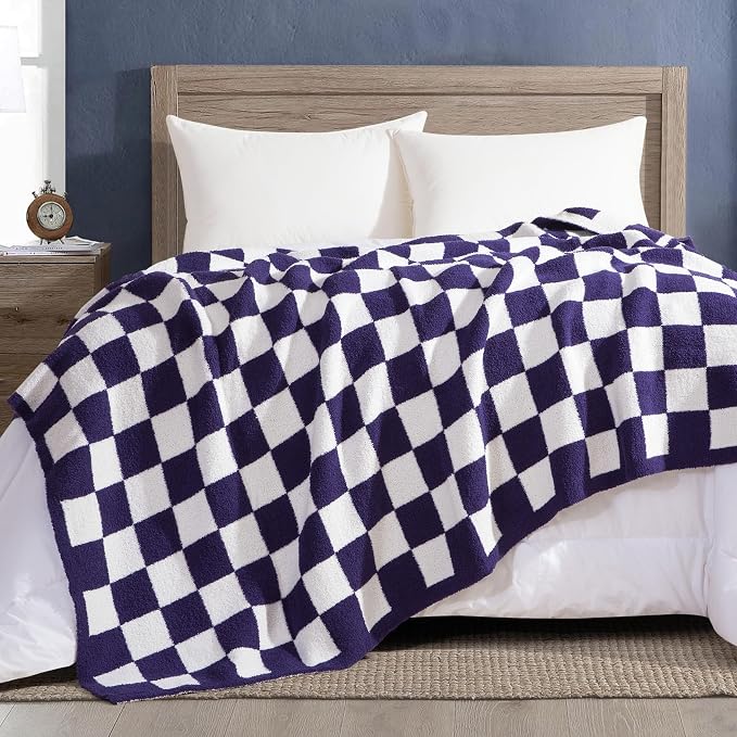 Elegant Comfort Checkered Throw Blanket, Purple Super Soft Cozy Fluffy Warm Throw Blankets for Couch, Sofa, Chair, Bed, Camping, Picnic, Travel Lightweight Bed Blanket (50" x 70")