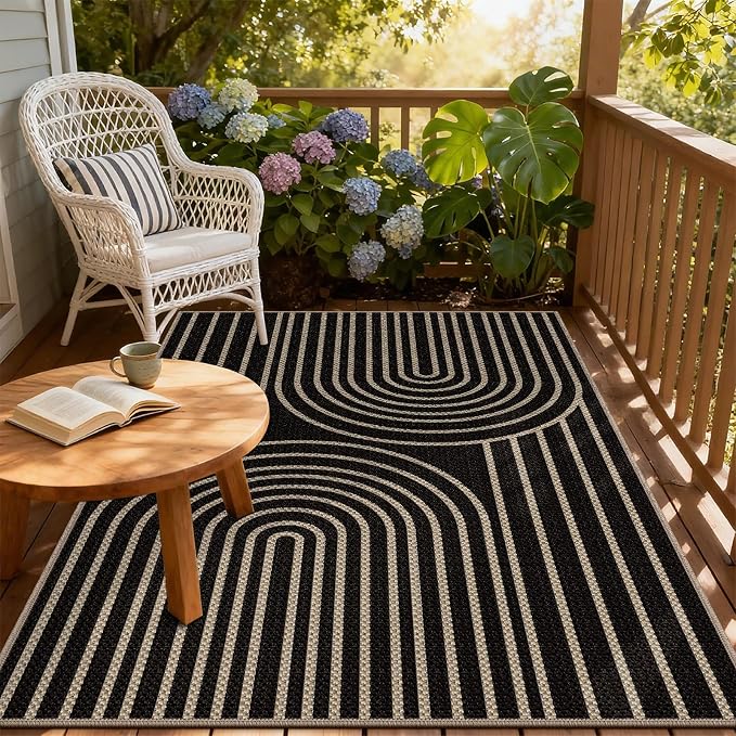 Faux Jute Rugs for Entryway, 3' x 5' Indoor Outdoor Rug, Black Farmhouse Washable Ultra-Thin Non-Slip Area Rug for Foyer, Backdoor, Living Room, Kitchen, Bedroom, Balcony