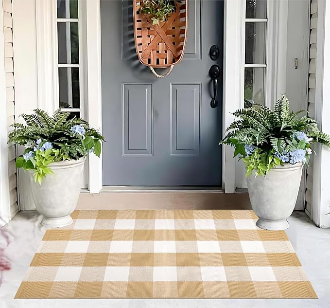 Khaki and White Layered Doormat 27.5''X 43.3''Checkered Farmhouse Porch Rug Cotton Woven Washable Front Door Mat Outdoor for Welcome Door Mat Entryway Bedroom Living Room